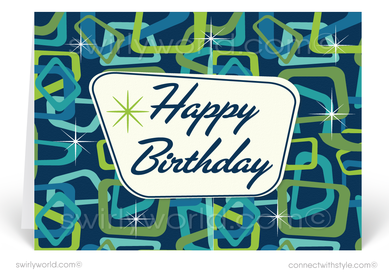 Atomic mid-century modern abstract shapes gender neutral professional retro happy birthday cards for clients.