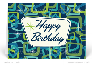 Atomic mid-century modern abstract shapes gender neutral professional retro happy birthday cards for clients.