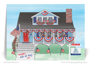 Patriotic American Home with flags celebrating Independence Day; happy 4th of July greeting card marketing for Realtors®.