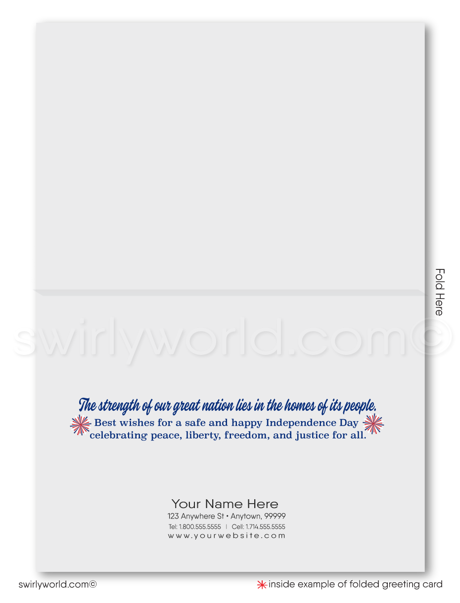 Neighborhood houses with fireworks and American flags happy 4th of July greeting card marketing for Realtors®.