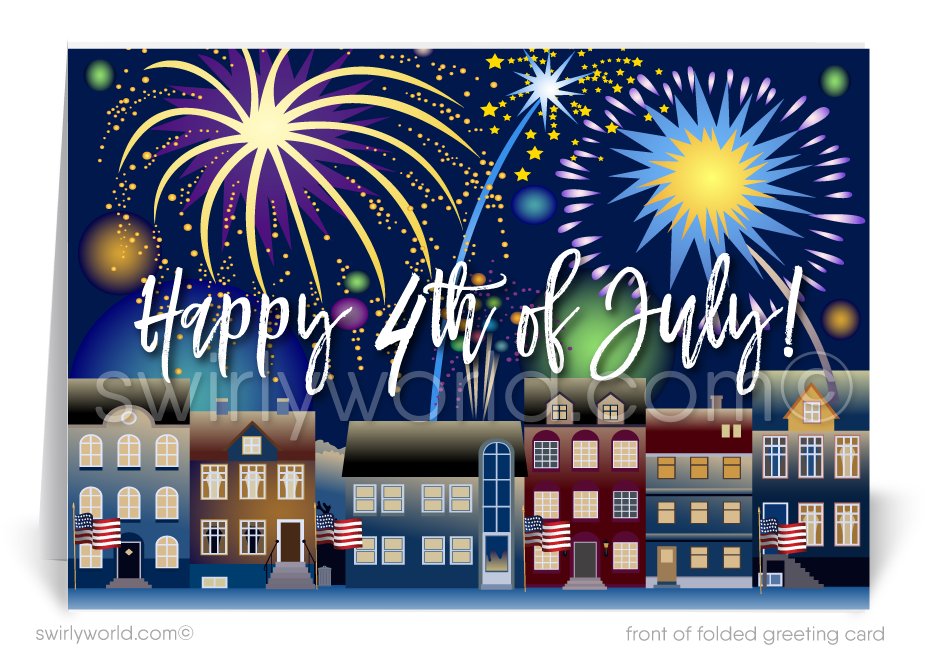 Neighborhood houses with fireworks and American flags happy 4th of July greeting card marketing for Realtors®.