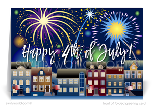 Neighborhood houses with fireworks and American flags happy 4th of July greeting card marketing for Realtors®.