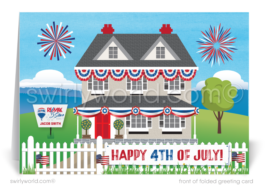 Patriotic American Home with flags and fireworks celebrating Independence Day; happy 4th of July greeting card marketing for Realtors®.