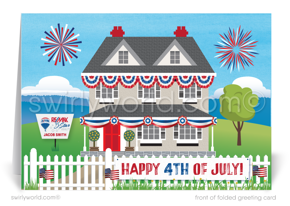 Celebrate Independence Day and stay connected with your clients with our exclusive Happy 4th of July greeting cards, specially designed for Realtors. These cards showcase a picturesque farmhouse-style home, beautifully adorned with patriotic American flags and a vibrant display of fireworks illuminating the sky.