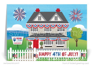 Celebrate Independence Day and stay connected with your clients with our exclusive Happy 4th of July greeting cards, specially designed for Realtors. These cards showcase a picturesque farmhouse-style home, beautifully adorned with patriotic American flags and a vibrant display of fireworks illuminating the sky.