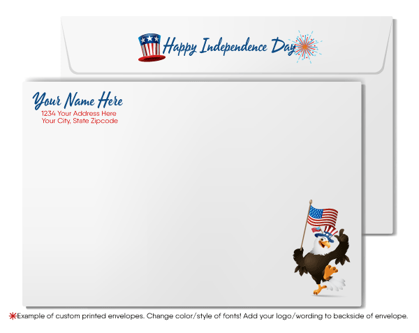 Patriotic American Home with flags and fireworks celebrating Independence Day; happy 4th of July greeting card marketing for Realtors®.