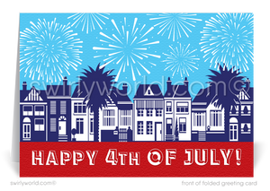 Patriotic American Neighborhood of Houses with fireworks celebrate Independence Day; happy 4th of July greeting card marketing for Realtors®.