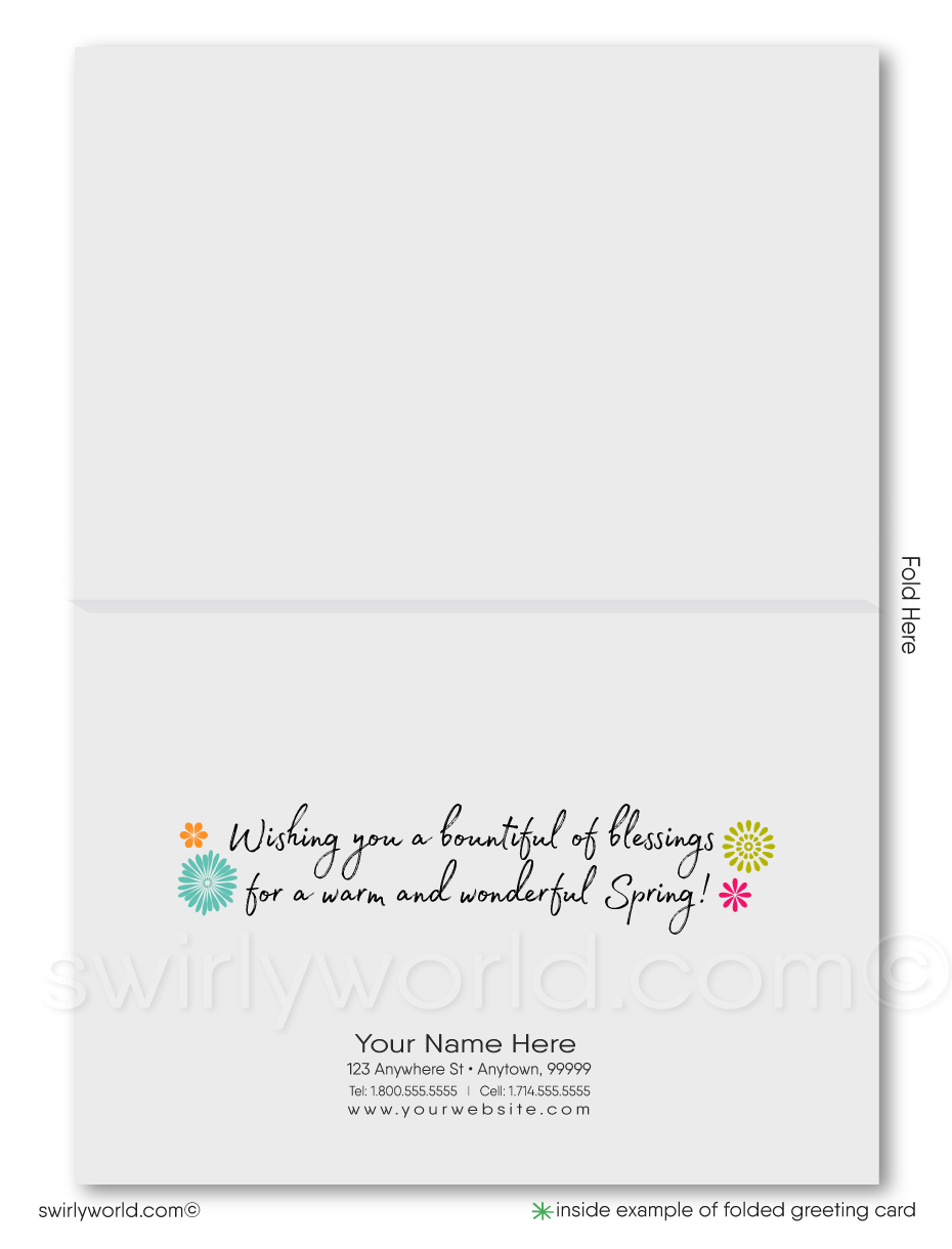 Whimsical spring card with watercolor flowers in vibrant hues and “Hello Spring” retro script. Fully customizable for client appreciation and branding!