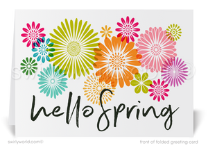 Whimsical spring card with watercolor flowers in vibrant hues and “Hello Spring” retro script. Fully customizable for client appreciation and branding!