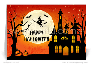 Haunted Mansion non-scary business happy Halloween greeting cards for Realtors. Company business Halloween cards.
