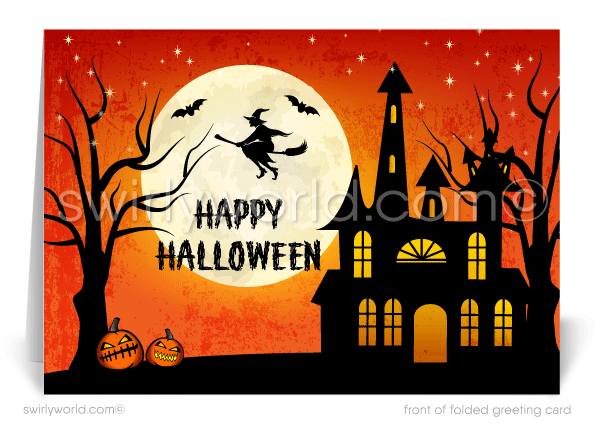 Haunted Mansion non-scary business happy Halloween greeting cards for Realtors. Company business Halloween cards.