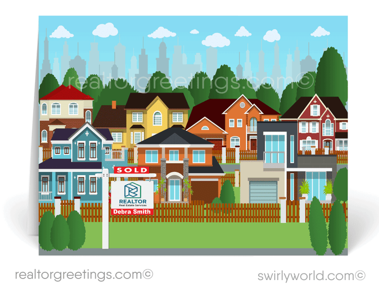 Friendly neighborhood with houses for sales custom thank you note cards for realtors®.