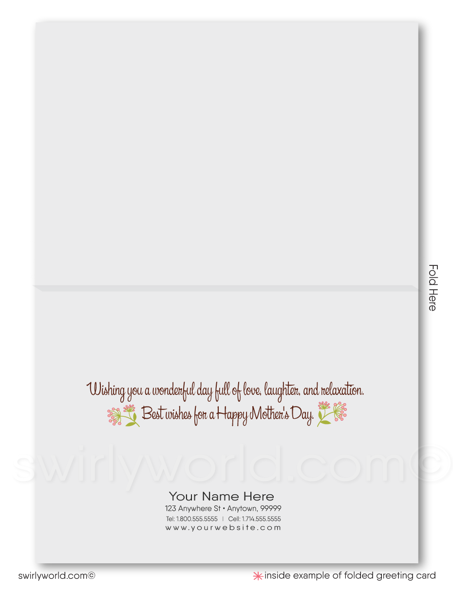 Show appreciation with Swirly World's vintage-style Mother’s Day cards featuring shabby chic pink blossoms and mid-century foliage. Personalize elegant calligraphy to make your message resonate. Opt for modern flatcards or classic folded cards to enhance your meaningful connections with a tailored touch