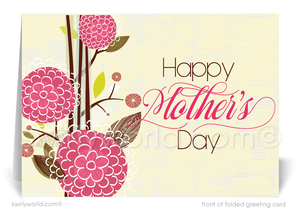 Show appreciation with Swirly World's vintage-style Mother’s Day cards featuring shabby chic pink blossoms and mid-century foliage. Personalize elegant calligraphy to make your message resonate. Opt for modern flatcards or classic folded cards to enhance your meaningful connections with a tailored touch
