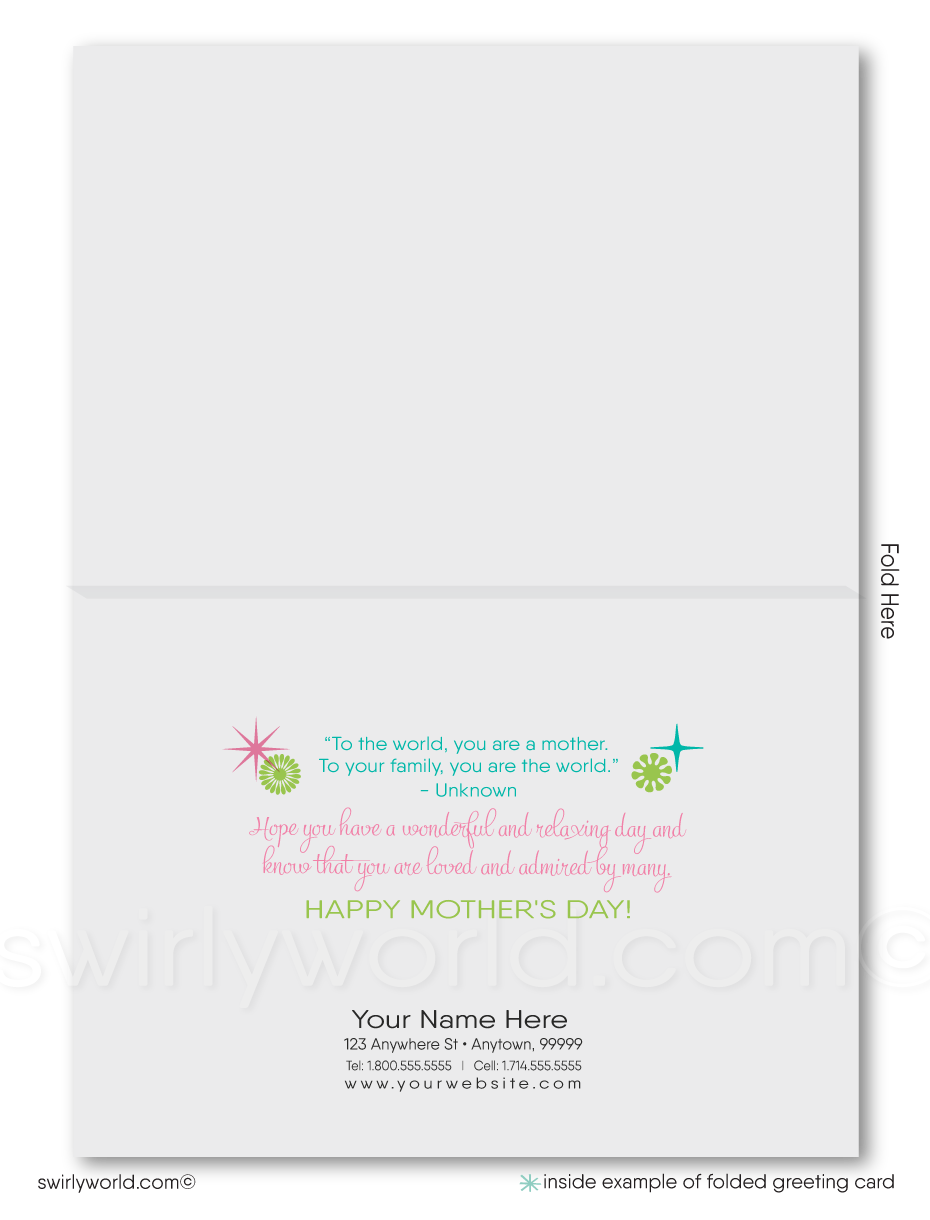 Retro modern business happy Mother's Day cards for clientsExpress deep gratitude with Swirly World's vintage-style Mother's Day cards, featuring shabby chic floral and starburst designs in lively hues. Customize calligraphy for a heartfelt touch. Choose modern flatcards or classic folded cards to enhance your meaningful relationships with a personalized gesture.
