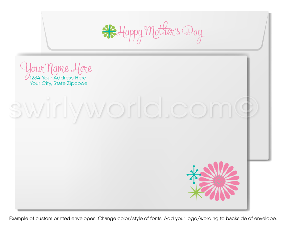 Retro Chic Floral and Starburst Happy Mother’s Day Cards with Elegant Calligraphy