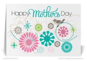 Retro modern business happy Mother's Day cards for clientsExpress deep gratitude with Swirly World's vintage-style Mother's Day cards, featuring shabby chic floral and starburst designs in lively hues. Customize calligraphy for a heartfelt touch. Choose modern flatcards or classic folded cards to enhance your meaningful relationships with a personalized gesture.
