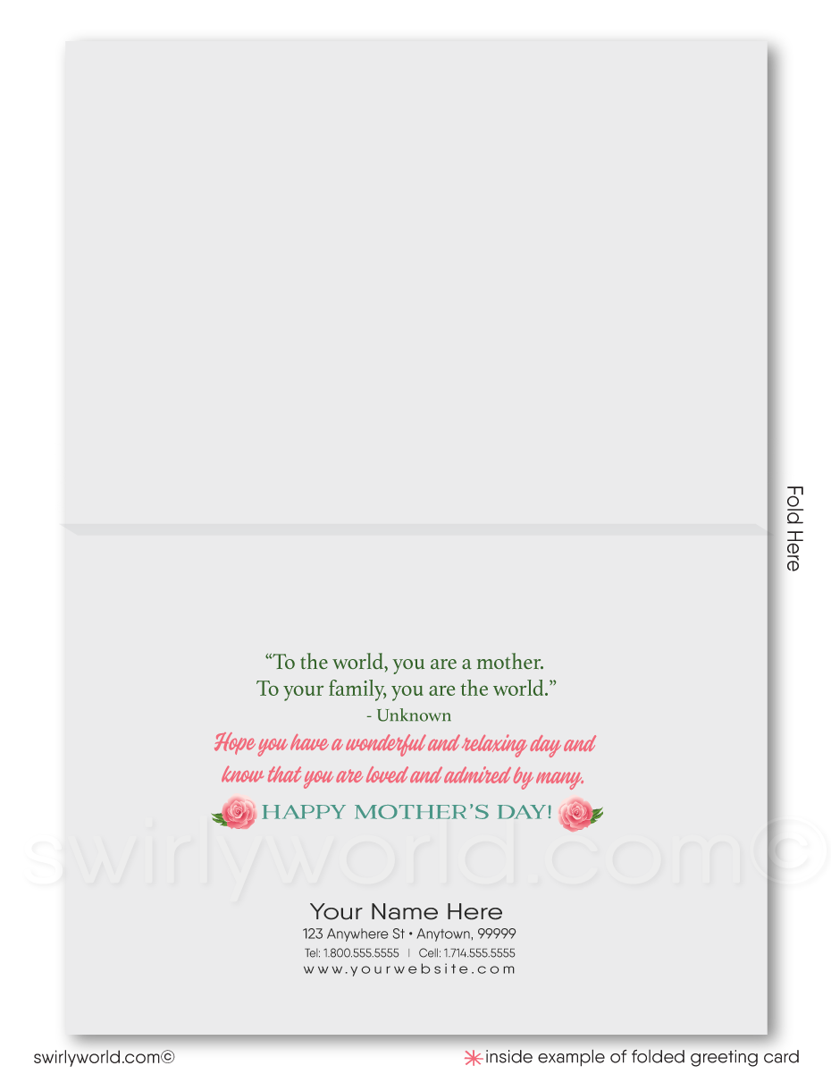 Enhance your Mother’s Day messages with our beautiful vintage-style cards, ideal for both businesses and individuals aiming to show gratitude to valued clients and friends. Each card features an elegant vintage vignette frame highlighted by spring watercolor roses and flowers in warm, inviting tones, creating an atmosphere of warmth and celebration.