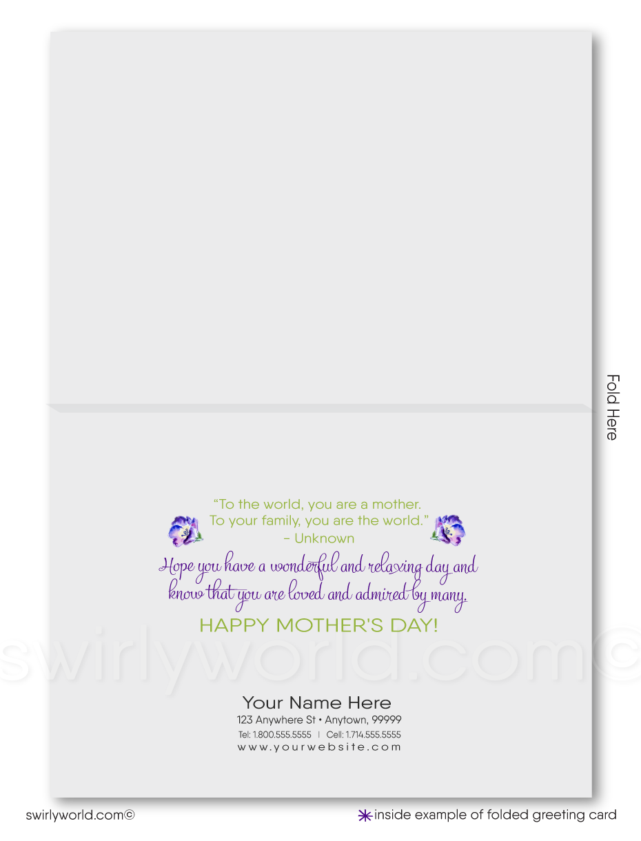 Enhance your Mother's Day with Swirly World's vintage-style cards, featuring shabby chic violet florals. Perfect for those who value deep connections, customize elegant calligraphy to make a lasting impression. Choose from sleek flatcards or classic folded cards for a personal touch that strengthens bonds.