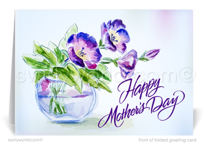 Enhance your Mother's Day with Swirly World's vintage-style cards, featuring shabby chic violet florals. Perfect for those who value deep connections, customize elegant calligraphy to make a lasting impression. Choose from sleek flatcards or classic folded cards for a personal touch that strengthens bonds.
