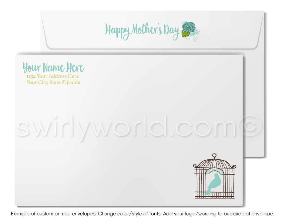 Vintage Shabby Chic Birdcage and Floral Happy Mother’s Day Cards with Custom Calligraphy
