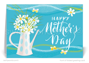 Boost your Mother's Day wishes with Swirly World's vintage blue cards, adorned with fresh daisies and elegant calligraphy. Perfect for personal and business use, these customizable cards express deep appreciation. Choose from modern flatcards or traditional folded cards to make your message memorable.