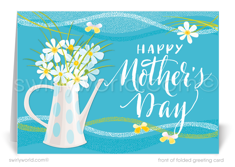 Boost your Mother's Day wishes with Swirly World's vintage blue cards, adorned with fresh daisies and elegant calligraphy. Perfect for personal and business use, these customizable cards express deep appreciation. Choose from modern flatcards or traditional folded cards to make your message memorable.