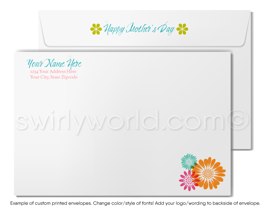 Retro Modern Vintage Shabby Chic Floral Mother’s Day Cards with Custom Calligraphy