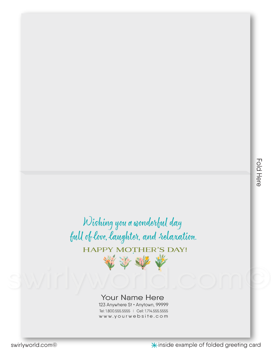 Elevate your Mother’s Day greetings with our exquisite vintage-style cards, perfect for businesses and individuals looking to express their appreciation to cherished clients and friends. Each card showcases a stunning watercolor background adorned with spring flowers in warm, inviting hues, setting a tone of warmth and celebration.