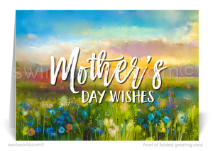 Elevate your Mother’s Day greetings with our exquisite vintage-style cards, perfect for businesses and individuals looking to express their appreciation to cherished clients and friends. Each card showcases a stunning watercolor background adorned with spring flowers in warm, inviting hues, setting a tone of warmth and celebration.