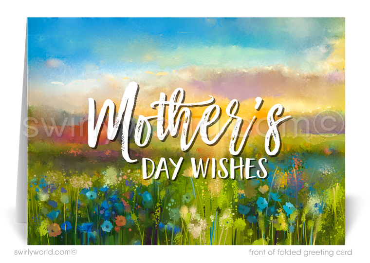 Elevate your Mother’s Day greetings with our exquisite vintage-style cards, perfect for businesses and individuals looking to express their appreciation to cherished clients and friends. Each card showcases a stunning watercolor background adorned with spring flowers in warm, inviting hues, setting a tone of warmth and celebration.