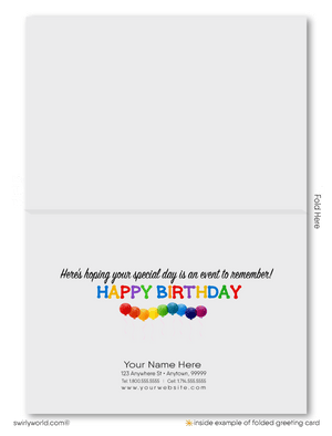 Celebrate your clients' special day with our exclusive Happy Birthday greeting card. Unique designs not found elsewhere, available as folded or flat cards. Vibrant, eye-catching colors with customizable wording. Printed on thick card stock with matching blank white envelopes. Upgrade to customized envelopes for a professional touch. Expert printing and shipping included.