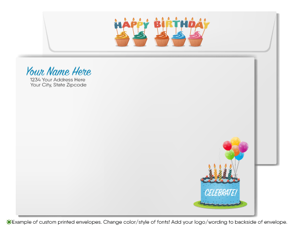 Celebrate your clients' special day with our exclusive Happy Birthday greeting card. Unique designs not found elsewhere, available as folded or flat cards. Vibrant, eye-catching colors with customizable wording. Printed on thick card stock with matching blank white envelopes. Upgrade to customized envelopes for a professional touch. Expert printing and shipping included.