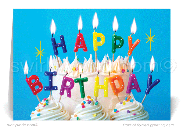 Corporate Company Business Professional Happy Birthday Cards for Customers. Birthday Cake with Candles.