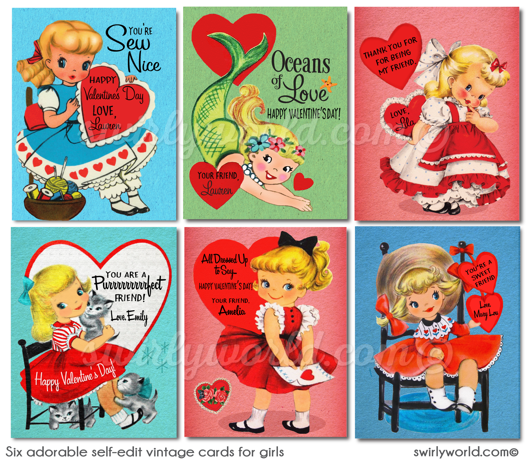 Six Retro Vintage Little Girl Digital Printable Valentine