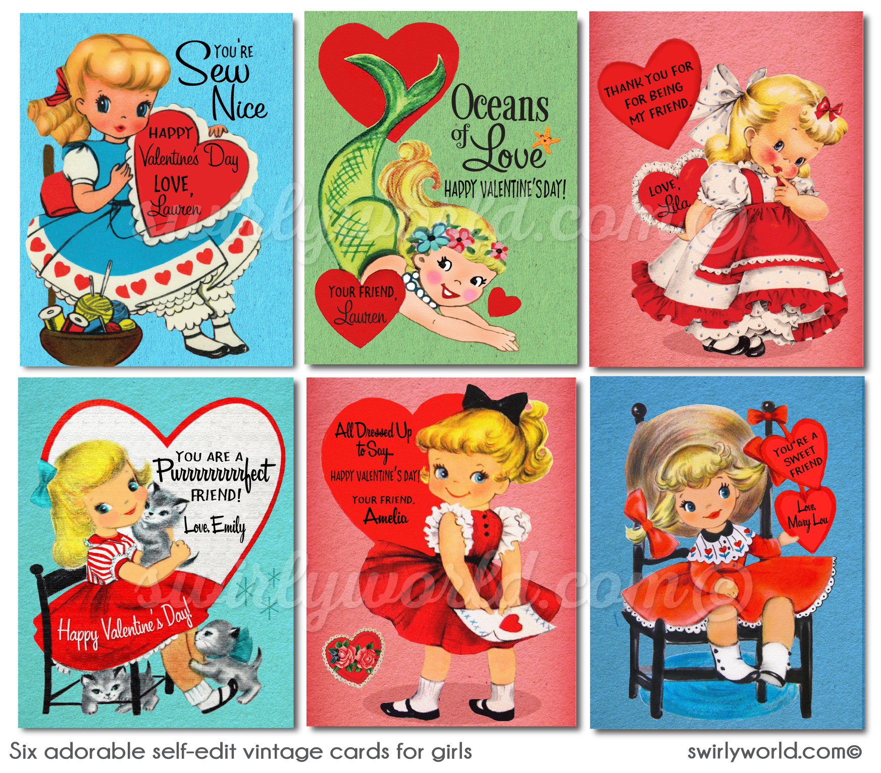 Six Retro Vintage Little Girl Digital Printable Valentine's Day Cards for  Classroom