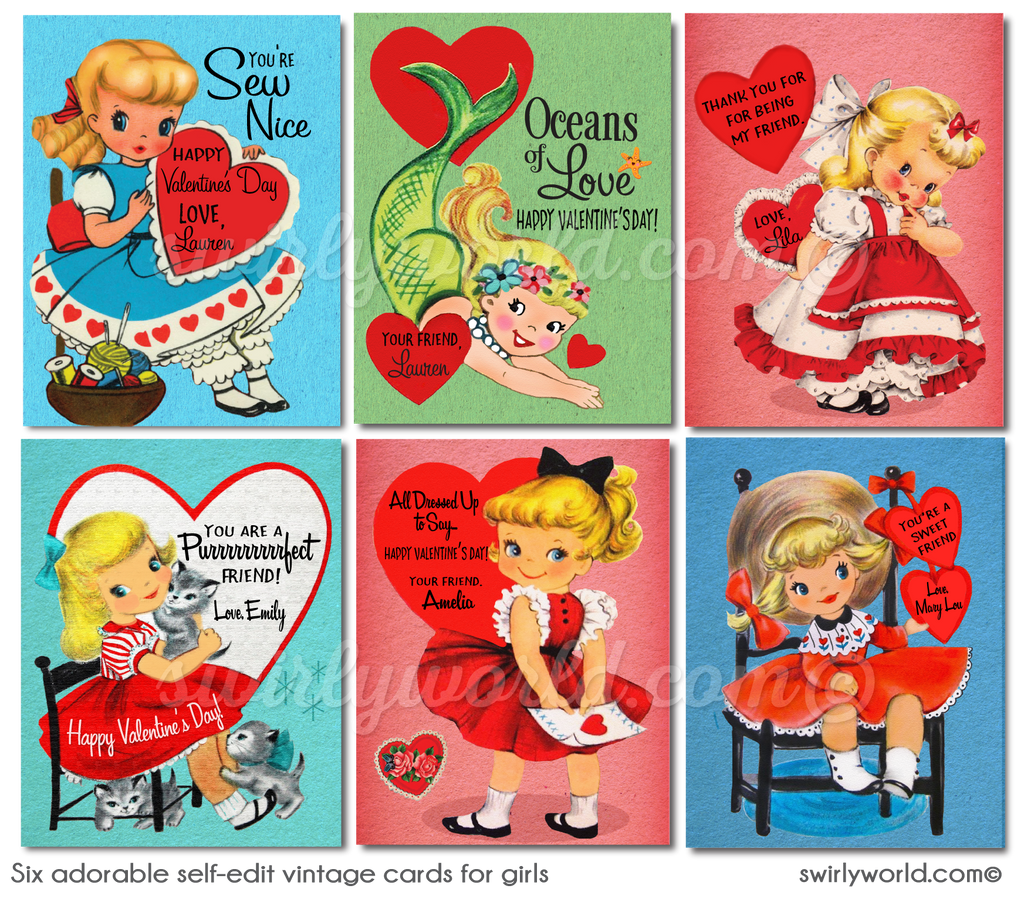 Six Retro Vintage Little Girl Digital Printable Valentine's Day Cards -  swirly-world-design