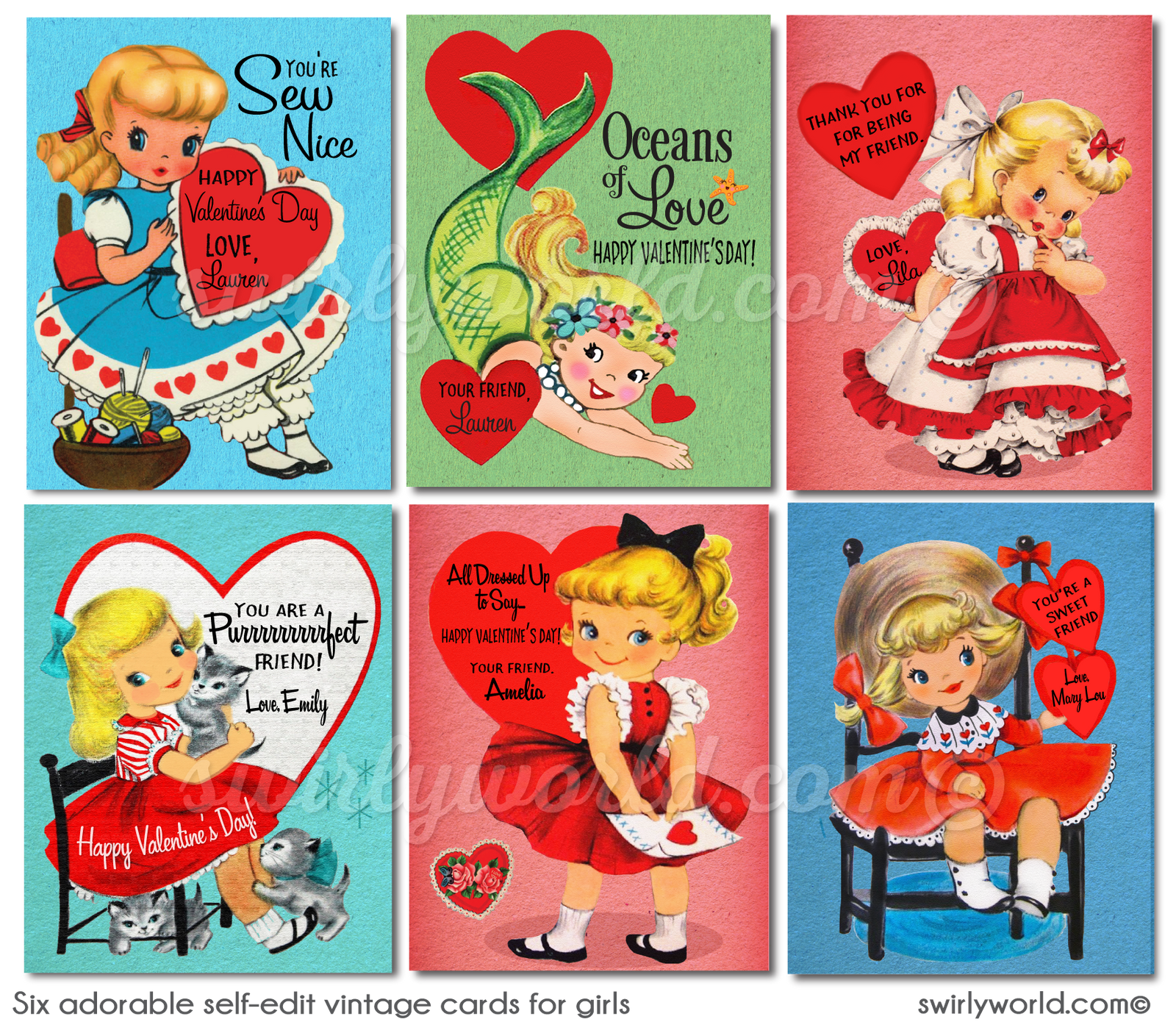 1950s vintage retro mid-century kitschy girls Valentine's day cards for digital printable download