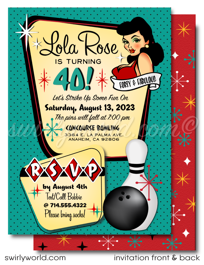 Step into the retro-chic world of 1950s rockabilly Pin-Up Girl glamour with our exclusive invitation and thank you card design set, perfect for a 40th birthday bowling bash featuring a sexy pinup girl!