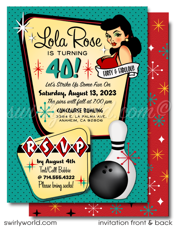 Step into the retro-chic world of 1950s rockabilly Pin-Up Girl glamour with our exclusive invitation and thank you card design set, perfect for a 40th birthday bowling bash featuring a sexy pinup girl!