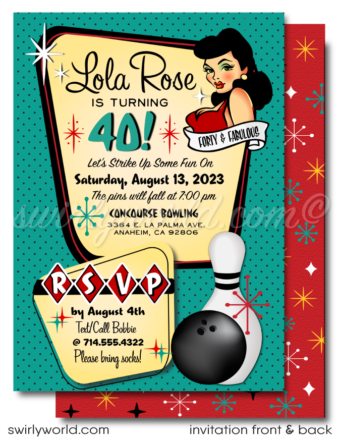 Rockabilly Pin-up Girl Retro Vintage 1950s Bowling Birthday Party Printed Invitations