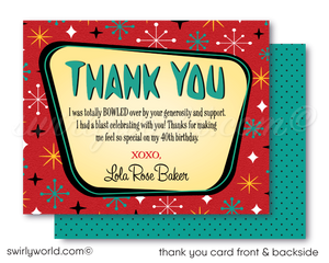 Retro rockabilly 1950s vintage pin-up girl bowling 40th birthday party invitations; digital invitation, thank you, & envelope design.