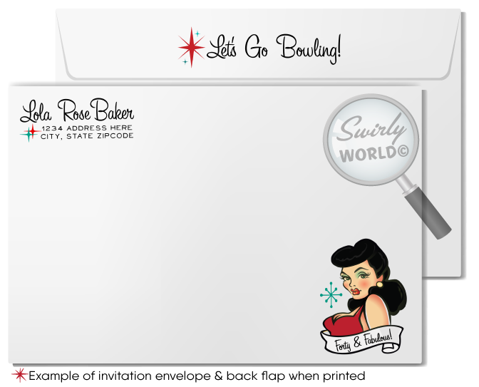 Retro rockabilly 1950s vintage pin-up girl bowling 40th birthday party invitations; digital invitation, thank you, & envelope design.