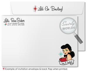 Retro rockabilly 1950s vintage pin-up girl bowling 40th birthday party invitations; digital invitation, thank you, & envelope design.