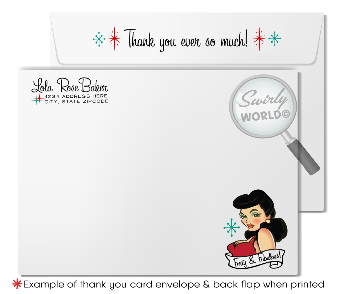 Retro rockabilly 1950s vintage pin-up girl bowling 40th birthday party invitations; digital invitation, thank you, & envelope design.