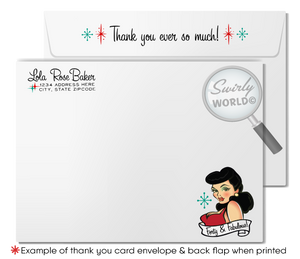 Retro rockabilly 1950s vintage pin-up girl bowling 40th birthday party invitations; digital invitation, thank you, & envelope design.