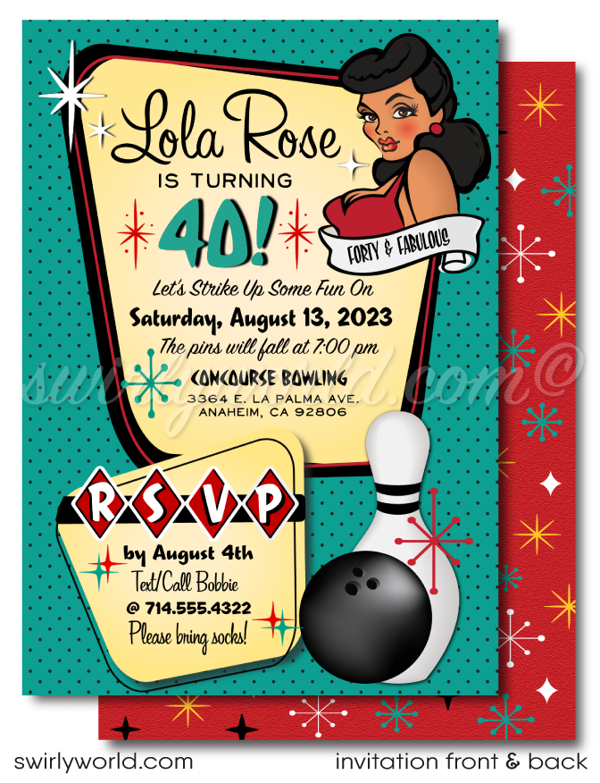 Retro Rockabilly Pinup Girl Bowling 40th Party Invitation & Thank You Digital Download