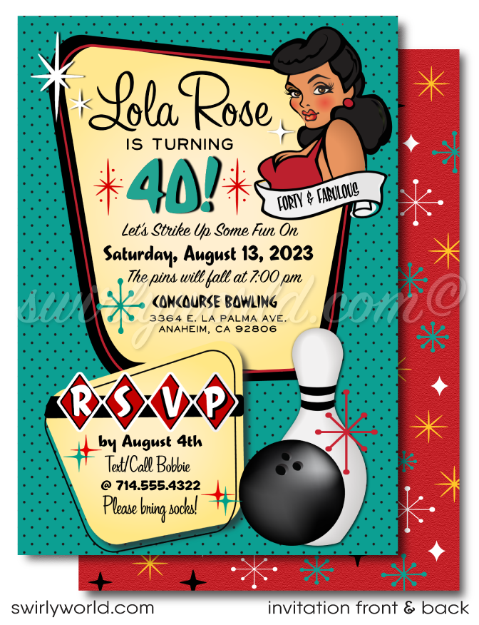 Step into 1950s rockabilly pin-up glamour with our digital invitation and thank you card set, perfect for a 40th birthday bowling bash! 🎳✨ Choose from vintage pin-up girl avatars and customize with Corjl. Features vibrant colors, retro fonts, and iconic imagery. Create a memorable celebration with our swanky designs!