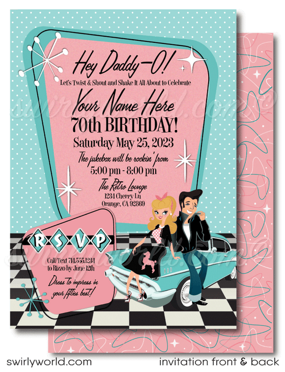Retro rockabilly vintage Pink Ladies Grease themed pink and aqua blue sock hop 1950s poodle skirt birthday; digital invitation and thank you card download bundle.