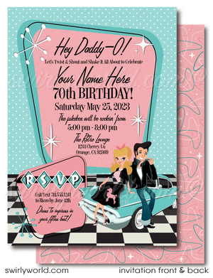 Dive into the 1950s with our "Grease" Pink Ladies inspired Rockabilly Birthday Party Invitation Set! 🌟 Featuring a retro couple, poodle skirt, leather jacket, and 1957 Chevy car. Customize hair, skin, and eye colors. Includes invitation, thank you card, and envelope designs. Perfect for a nostalgic 1950s-themed celebration! 